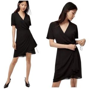 Aritzia Babaton Wallace Black Asymmetrical Short Sleeve Wrap Mini Dress Size S